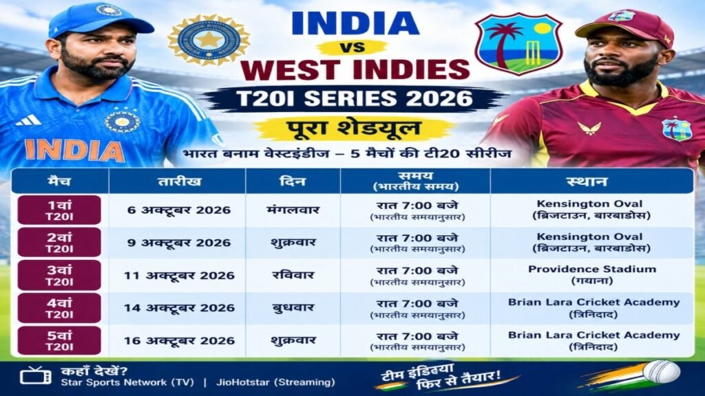 India West Indies T20 Schedule : 6 अक्टूबर को होगा भारत-वेस्टइंडीज पहला टी20, जानें सभी 5 मैचों की तारीख और वेन्यू
